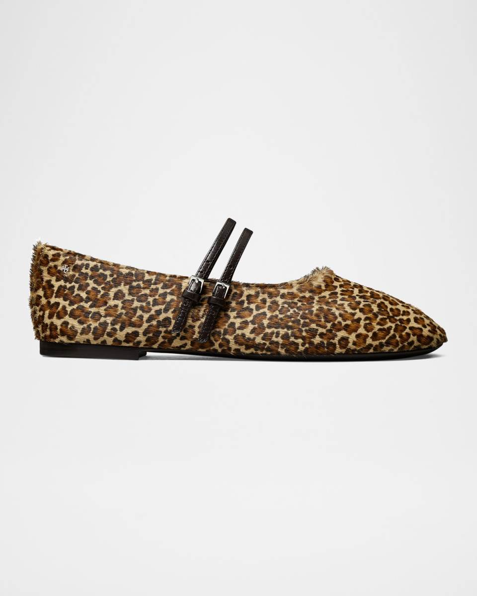 Leopard Calf Hair Mary Jane Two-Band Ballet Flats